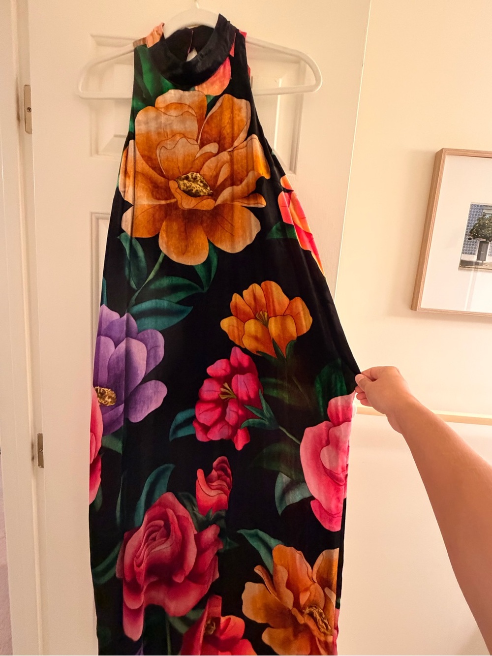 Farm Rio Anthropologie Velvet Black Halter Dress with Floral Print